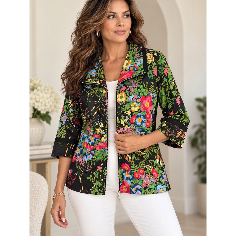 Joseph Ribkoff Floral Jacket Women 14 Black Rayon Zip 3/4 Sleeve 181773